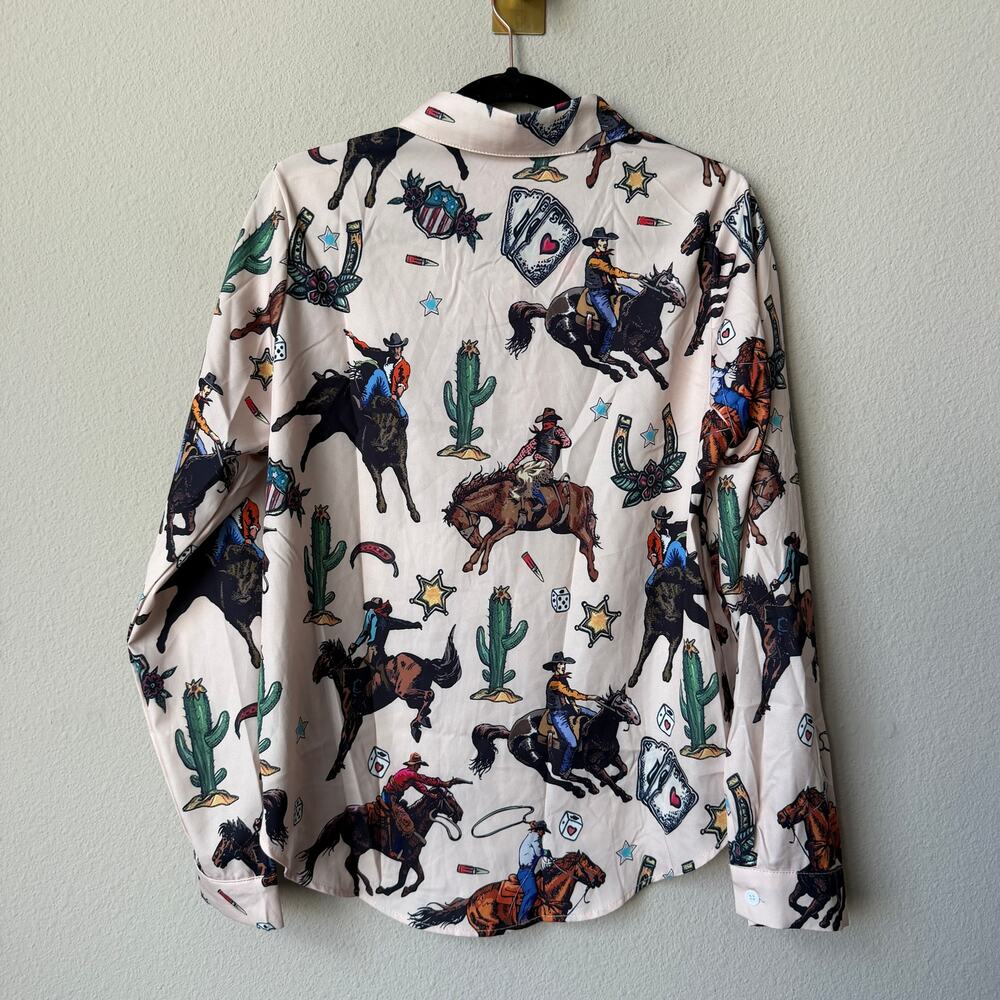 Western Print Button Down Blouse Size M - Picture 3 of 6